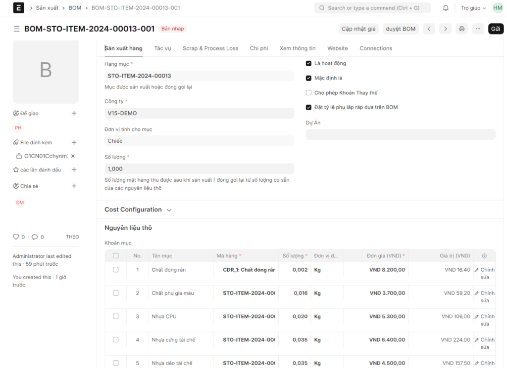 Giao diện quản lý sản xuất BOM trên hệ thống ERPNext.