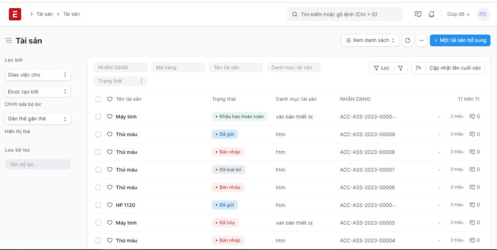 Giao diện phần mềm quản lý tài sản ERPNext