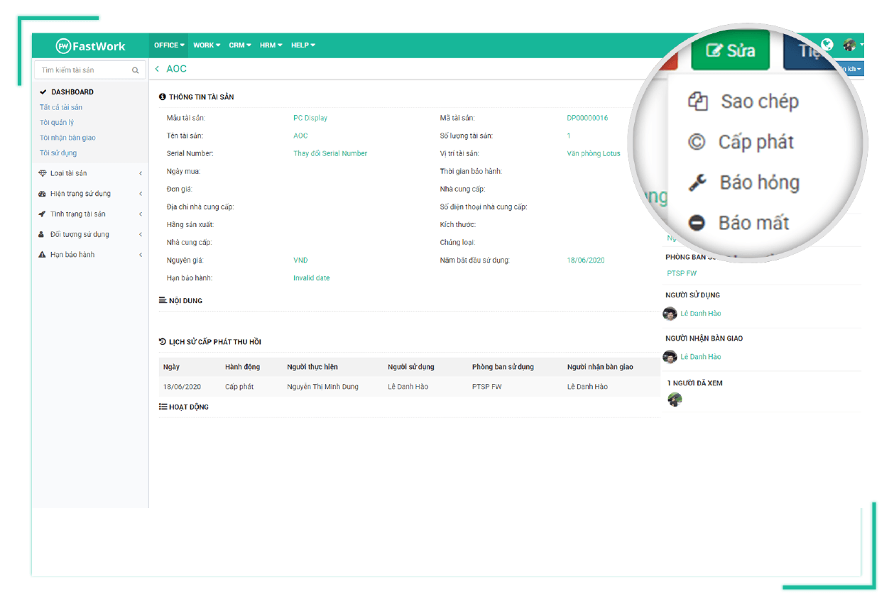Giao diện quản lý tài sản doanh nghiệp trên FastWork