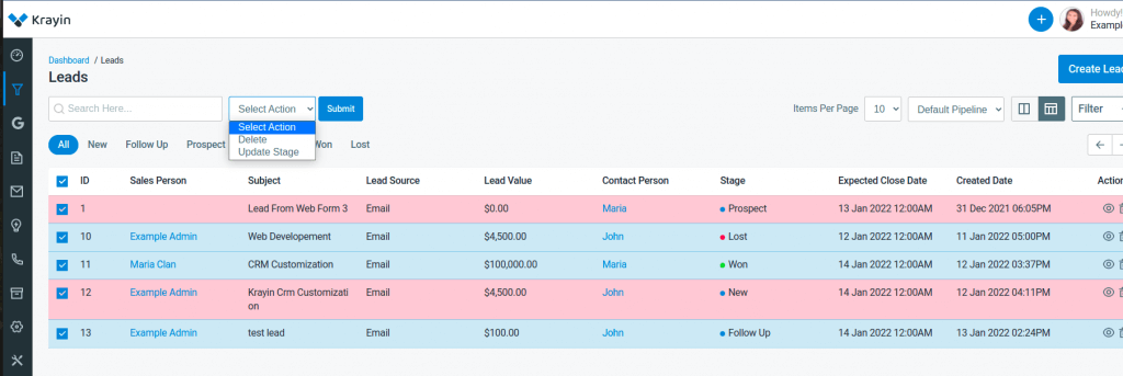 Giao diện phần mềm CRM mã nguồn mở: Krayin CRM