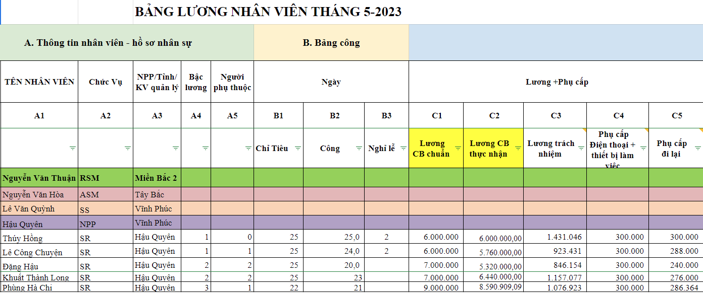 Ví dụ bảng lương + phụ cấp của nhân viên Sales 